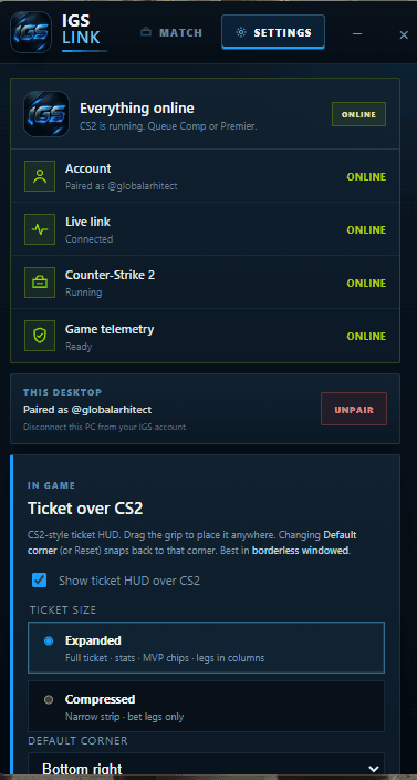 IGS Link online: account, live link, CS2, and ticket HUD