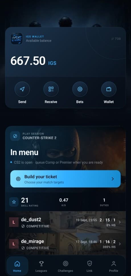 IGS home with wallet, In menu, and Build your ticket